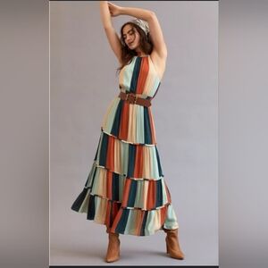 Anthropologie Farm Rio Colorblocked Shimmer Halter Maxi Dress M